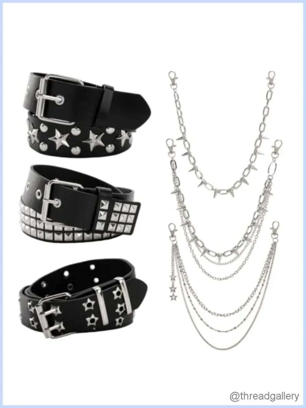 6 PC Studded Belt & Chain Set Goth Emo Y2K PU Leather Accessories